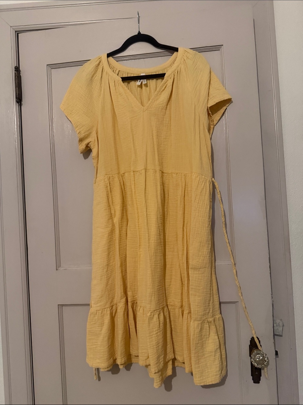 Pact Organic Soft Yellow Cotton Gauze Midi Dress with Tie
